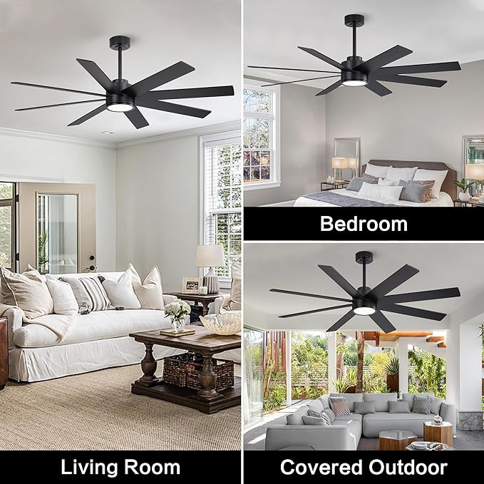 WINGBO 72" Large DC Ceiling Fans with Lights and Remote, 3 Downrods, 8 Plywood Blades, 6-Speeds Reversible DC Motor, 3CCT, Indoor Ceiling Fan for Bedroom Living Room Patio, Black