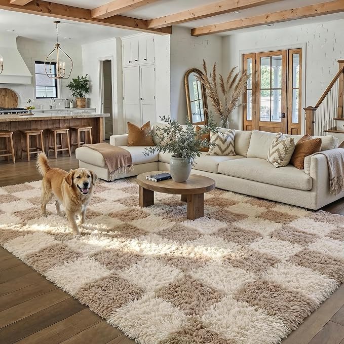 Beige 7x10 Area Rug for Living Room Soft Checkered Shag Carpet | Machine - Image 3