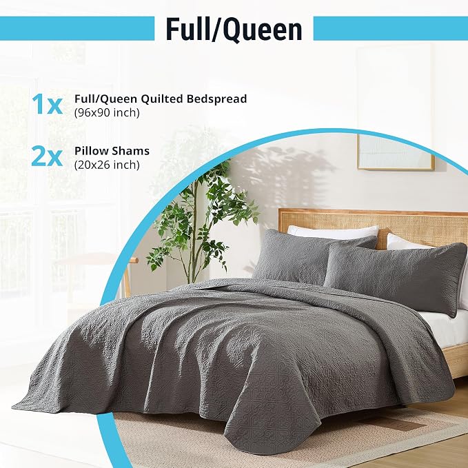 HLC.ME Lorenzo - Dark Grey Full Queen Size Quilt Set, Soft Summer Lightweight - Image 3