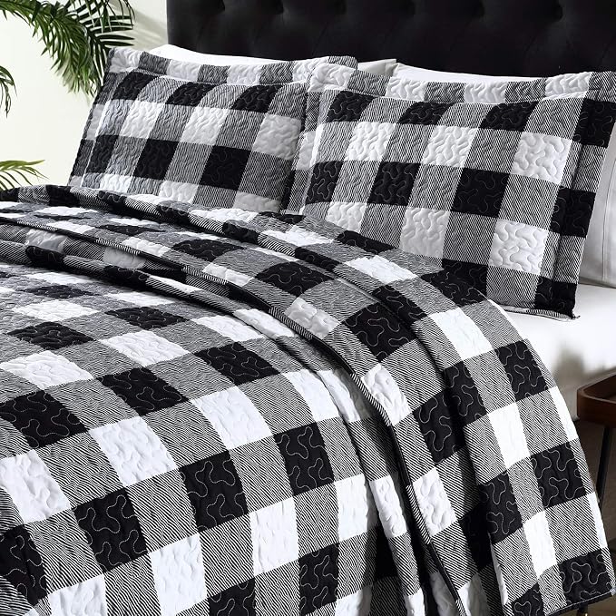 EXQ Home Quilt Set Full Queen Size Black and White Squares Bedspread | Bedding - Image 2