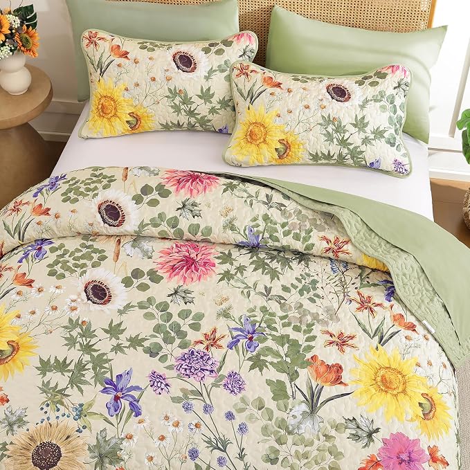 Yiran Beige Floral Quilt King Size, Sunflower Bedspreads Bedding Set | Soft - Image 3
