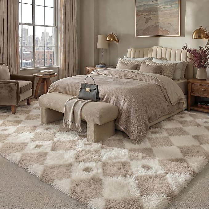 Beige 8x10 Area Rug for Living Room Soft Checkered Shag Carpet | Machine - Image 3