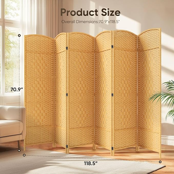 Rattan Room Divider, 6-Panel Folding Privacy Screen 6ft. Extra Wide | Double - Image 2