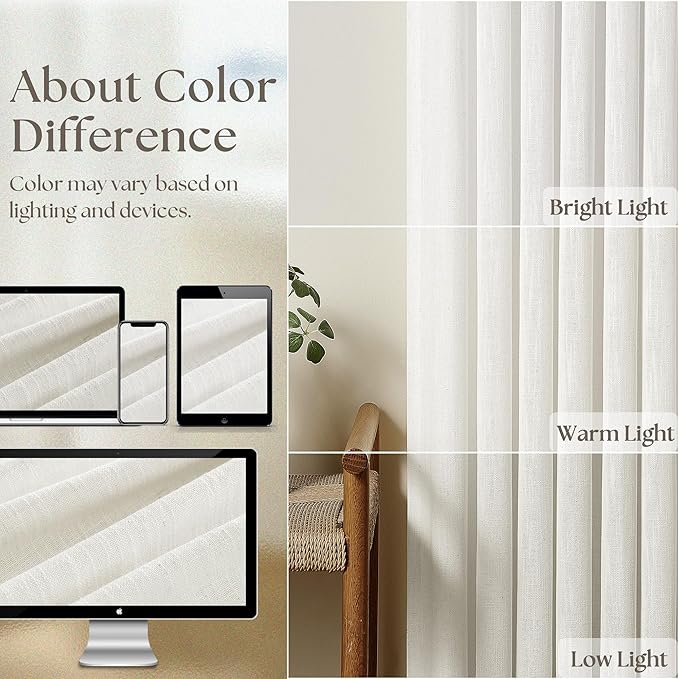 Beige White Pinch Pleated Linen Curtains 1 Panel for Living Room Bedroom Memory Training Shaped Semi Sheer Pleat Drapes with Hooks Rings Light Filtering Window Curtain 60x108