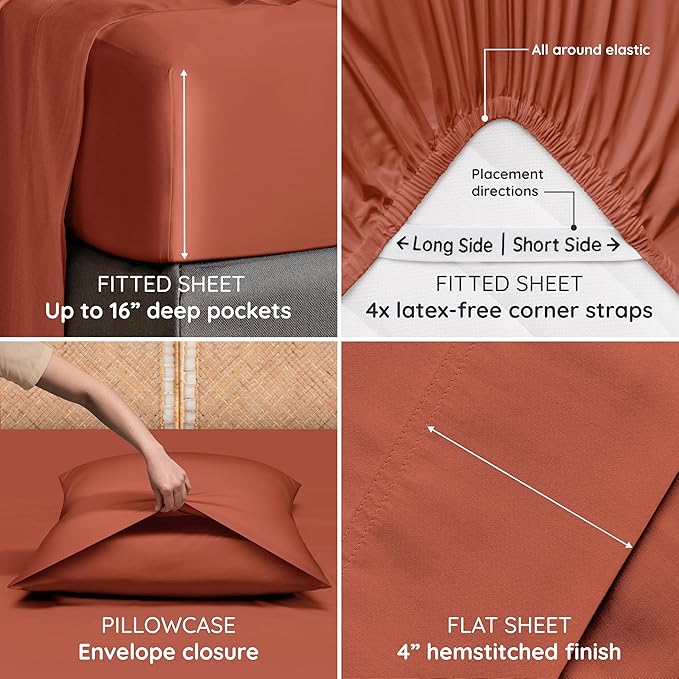 Bambaw 100% Viscose Derived from Bamboo Sheets Queen Size Set – 4pcs Cooling Sheets Queen, Luxury Bedding, Soft & Breathable, Deep Pocket Fits Up to 16'' Mattresses (Terracotta)