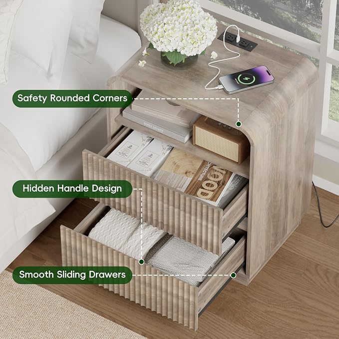 Grey Nightstand with Charging Station, Mid Century Modern Bedside Table & End - Image 6