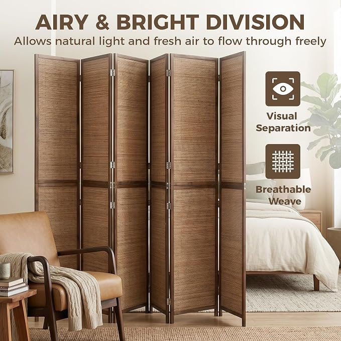 HOMCOM 6 FT Room Divider, 6 Panel Hand-Woven Bamboo Privacy Screen Brown | - Image 6