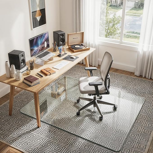 45"x55" Tempered Glass Office Chair Mat for Carpet & Hardwood Floor, 1/5" Thick Clear Floor Protector Desk Chair Mat with Rounded and Polished Edges