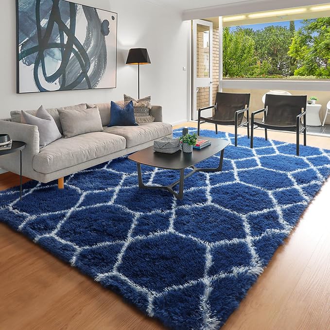 5x7 Area Rugs for Living Room Bedroom, Fluffy Navy Blue and White Throw Rug - Image 8