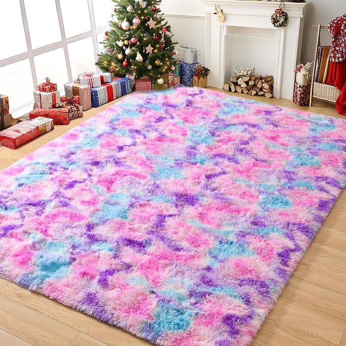 Pink Blue Purple Area Rug for Girls Room, Fluffy 6x9 Cute Soft Colorful Kids by Tepook