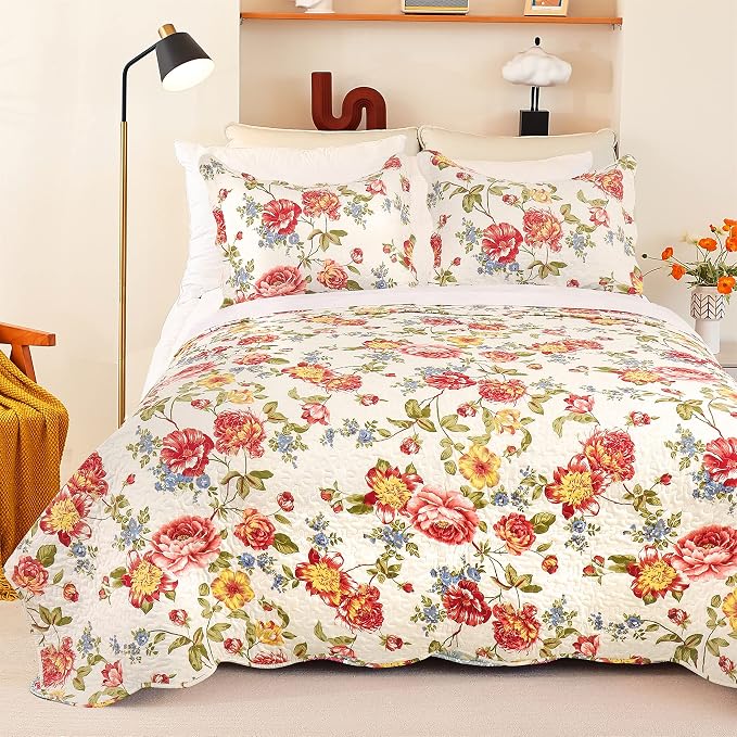 Cmfshape Summer Floral King Quilted Bedspread, Romantic Pink Quilt Set by cmfshape-quiltset