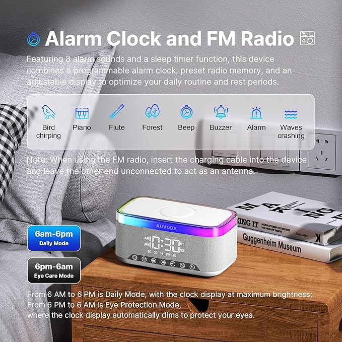 AUVODA S300 Portable Bluetooth Speaker with 15W Fast Wireless Charging, 13-Color Dimmable Night Light, White Noise, Alarm, FM Radio, 16W Stereo, BT5.3, TWS, for Home, Office, Bedroom (White)