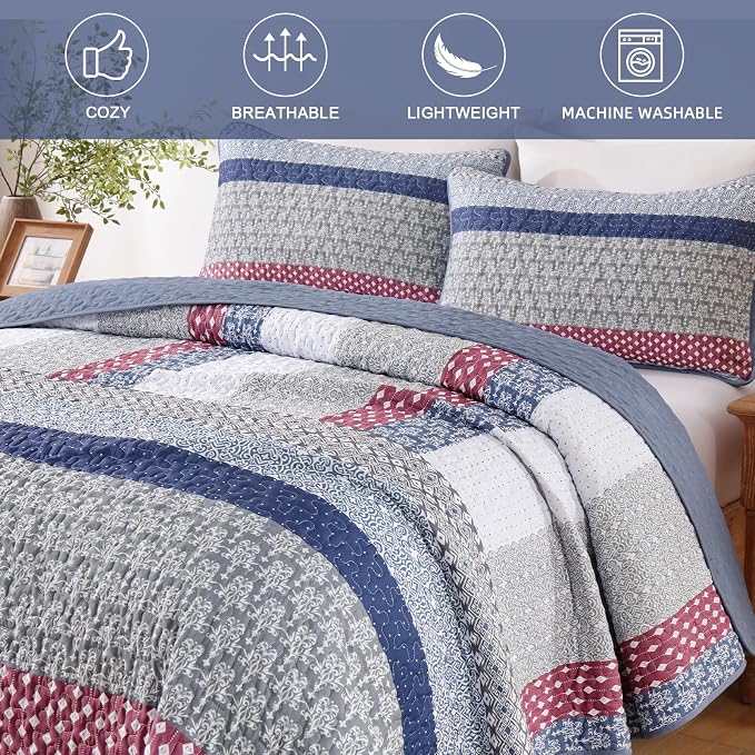 WONGS BEDDING Queen Size Quilt Set, Boho Striped Patchwork Bedspread | 3 Pieces - Image 4