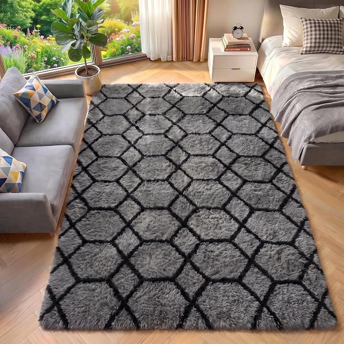 Area Rugs for Bedroom Living Room, Fluffy 4x6 Grey and Black Bedside Rug for by ONASAR