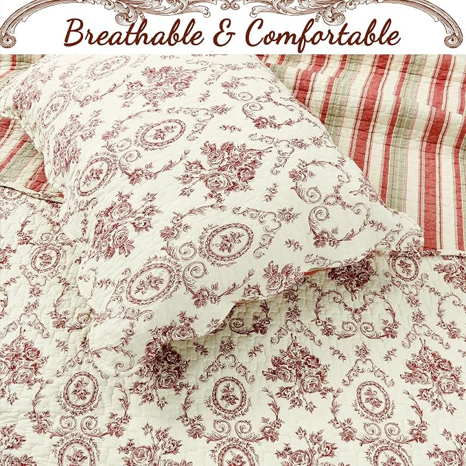 Cozy Line Home Fashions French Medallion Beige Burgundy Red Rose Flower Pattern - Image 4