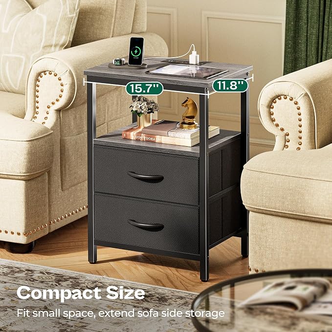 Huuger Night Stand with Charger Station and LED Lights, 2 Drawer Nightstand | - Image 8