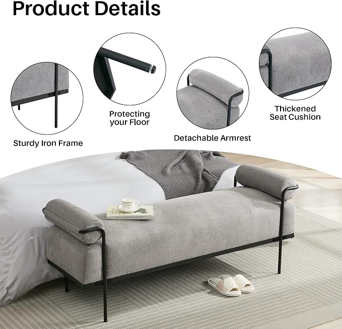 SOFTHION 61.2" End of Bed Bench, Chenille Upholstered Entryway Bench, Footrest - Image 5
