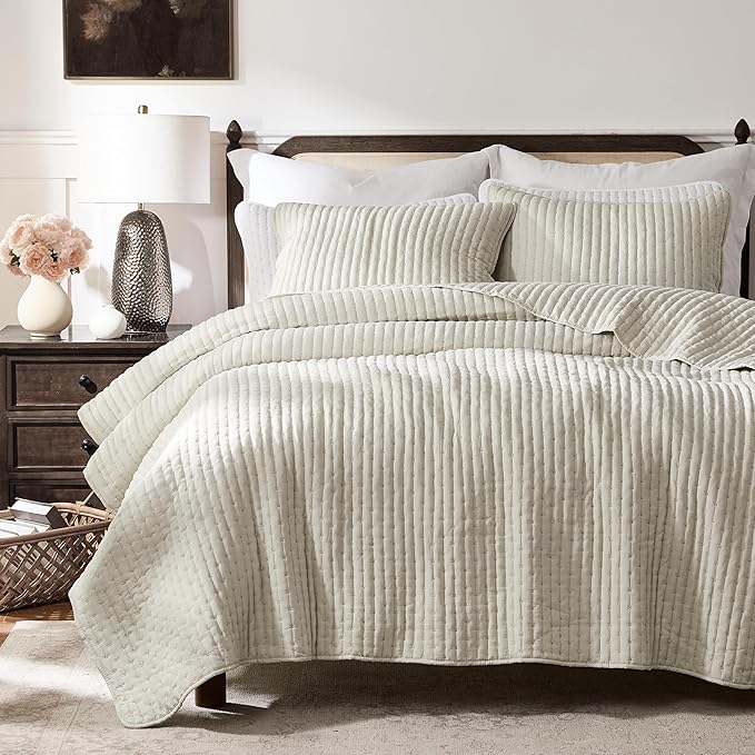 WDCOZY Beige Cross Stitch Twin Size Quilt Set, Netural Striped Lightweight Soft by WDCOZY
