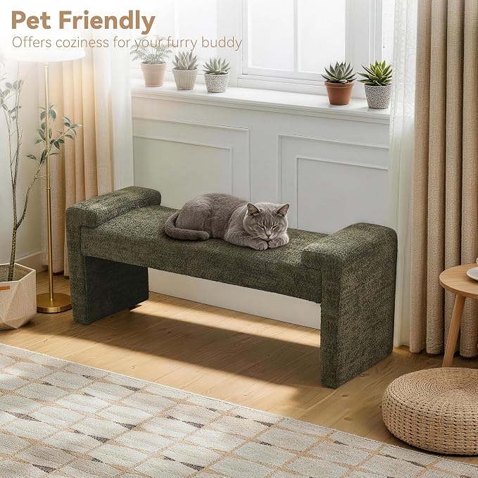 Upholstered Entryway Bench, Curved Armrests, Solid Wood Frame, End of Bed - Image 4