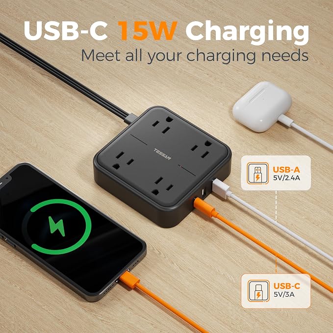 TESSAN Surge Protector Flat Extension Cord 5Ft, Flat Plug Power Strip | 4 - Image 3