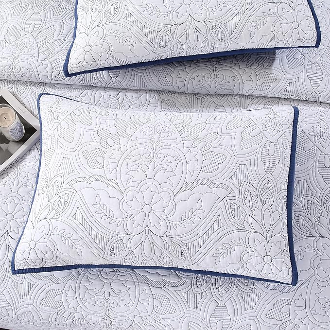 ROOMLIFE Quilt Set King Size 3D Floral Campanula Embroidery Pattern 3-Piece - Image 7