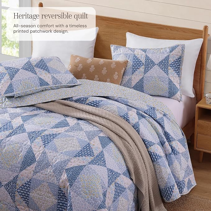 King Quilt Set-3 Pieces Soft Bedding Lightweight Floral Patchwork Coverlet | - Image 2