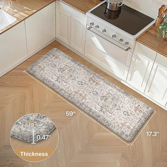 GENIMO 17.3"x59"-0.47 thick Kitchen Mats for Floor, Washable Anti Fatigue Mat for Cushioned, Ergonomic Comfort Foam kitchen Rugs, Non Slip Standing Mat for Home, Sink, Office, Laundry, LightTaupeBrown