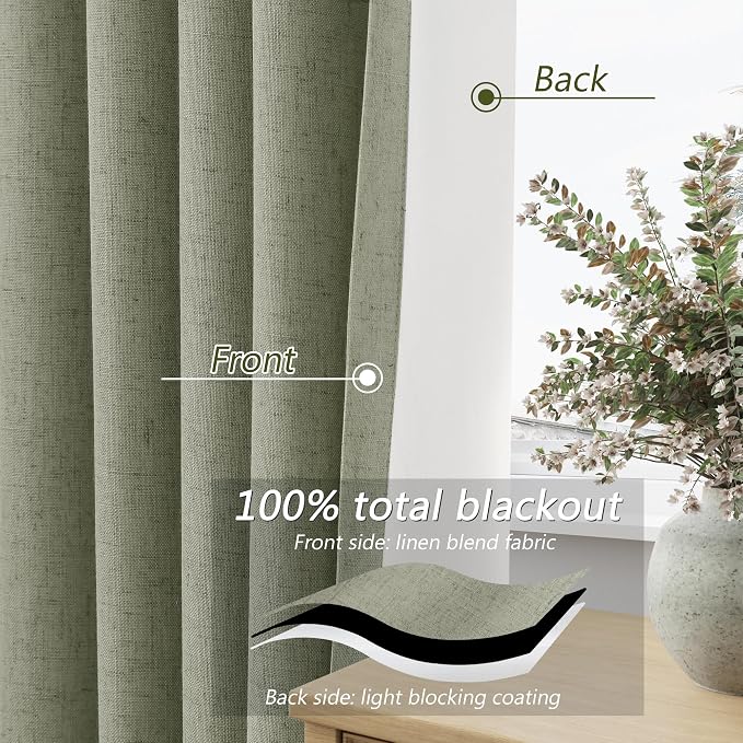 Sage Green 100% Blackout Linen Curtains 102 Inch Length 2 Panels Set - Image 4