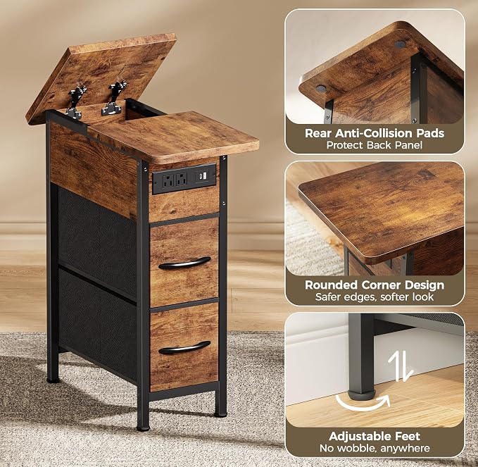 Huuger Narrow End Table with Charging Station, Side Table with 2 Drawers | Slim - Image 9
