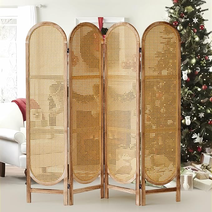 4 Panel Rattan Room Divider Screen, Boho Folding Privacy Screen | Decorative - Image 8