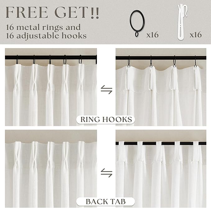 Beige White Pinch Pleated Linen Curtains 2 Panels for Living Room Bedroom Memory Training Shaped Semi Sheer Pleat Drapes with Hooks Rings Light Filtering Window Curtain 40x54