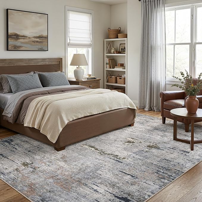 Area Rug Living Room Rugs - 10x12 Washable Large Soft Indoor Neutral Modern Abstract Low Pile Rug Carpet for Bedroom Dining Room Farmhouse Home Office - Blue/Grey/Brown