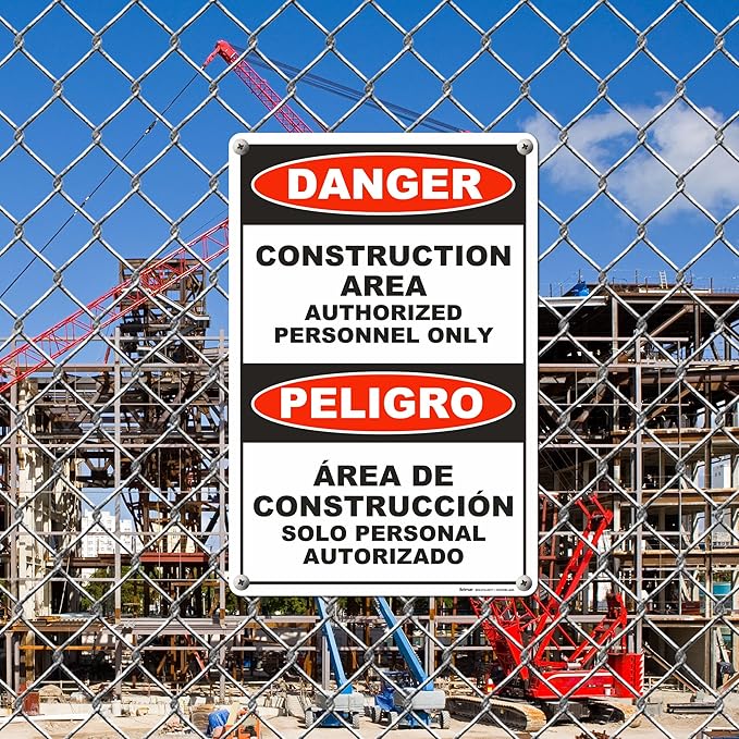 Brimar - 12" x 18" - Bilingual Danger Construction Area Authorized Only Sign - .063″ White Rust-Free Aluminum - Bold Text And Symbol - Easy Installation