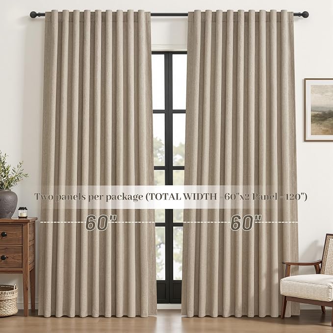 Blackout Curtains 60 Inches Extra Wide Grey Beige Linen Curtains 102 Inch Length - Image 6