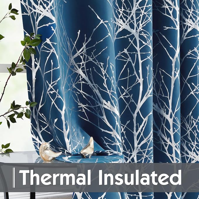 FMFUNCTEX 100% Blackout Navy Silver Foil Tree Curtains 96 Inch 2 Panels | - Image 5