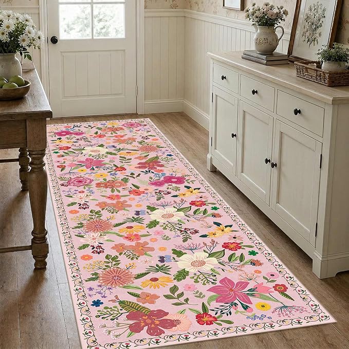 Latte&Fog Pink Washable Hallway Runner Rug 2.6x8 Non Slip Kitchen Rug | Low - Image 3