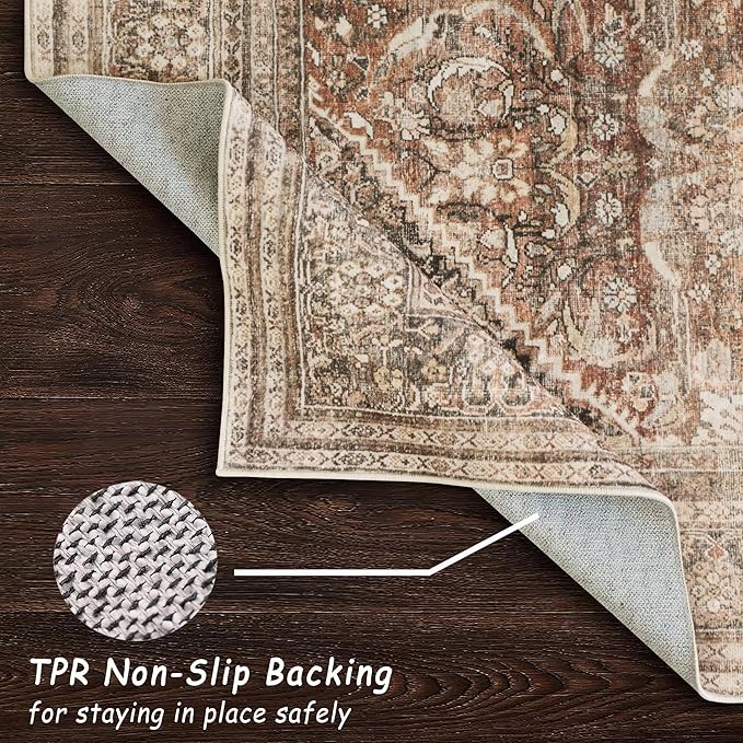vivorug 8x10 Area Rugs for Living Room, Non-Slip Backing Washable Rug 8x10, Large Area Rug Soft Carpet for Bedroom Dining Room, Vintage, Easy Clean, Durable, Low Pile Rug Under Table, Brown