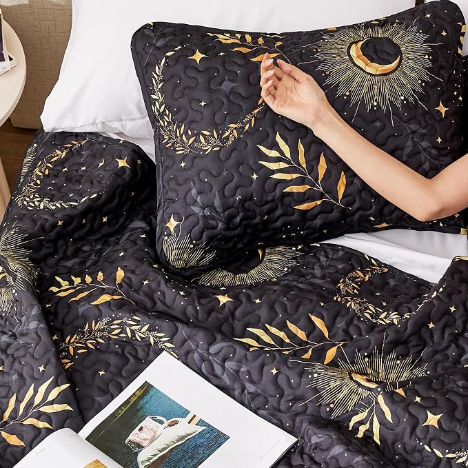 EXQ Home Quilt Set Full Queen Size Black Moon Print Coverlet | Bedding Set - Image 4