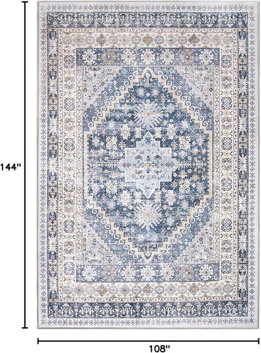 zesthome 9x12 Area Rugs,Stain Resistant Washable Rug,Ultra-Thin Rugs for Living Room,Bedroom,Non-Slip Backing Home Decor Large Area Rug (Blue/Beige,9'x12')