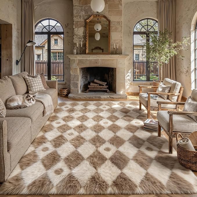 Brown 9x12 Area Rug for Living Room Soft Checkered Shag Carpet | Machine by PureCozy