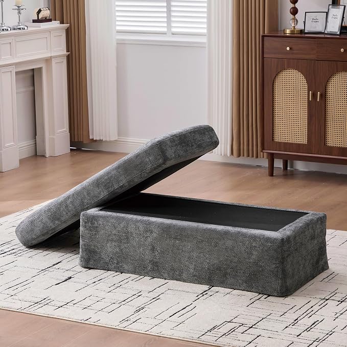 extrasleep Ottoman with Removable Tray, Upholstered Bench with Chenille Fabric - Image 7