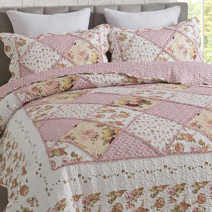 3-Piece Quilt Set Quilted Bedspread Lightweight Coverlet Set Garden Style - Image 3