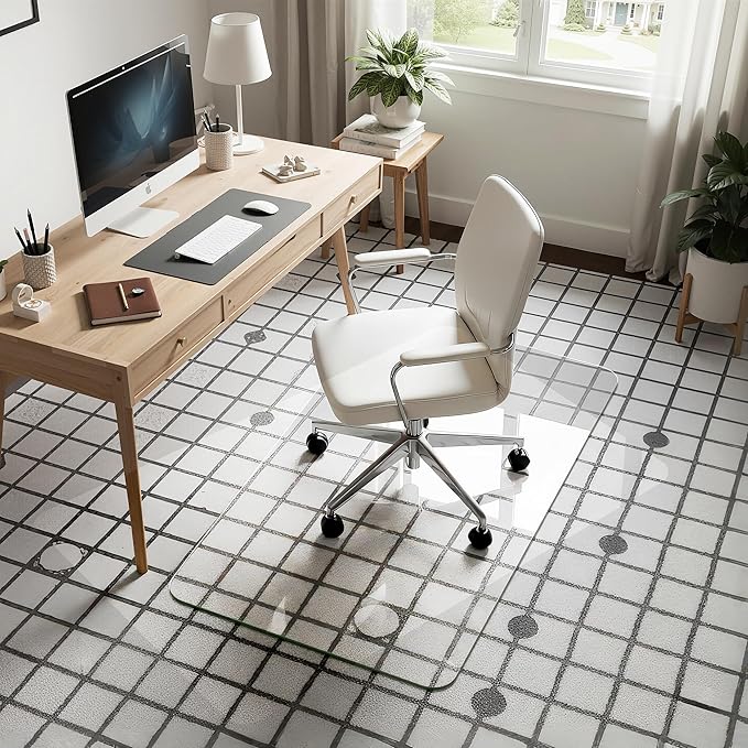 28"x48" Tempered Glass Office Chair Mat for Carpet & Hardwood Floor, 1/6" Thick Clear Floor Protector Desk Chair Mat with Rounded and Polished Edges