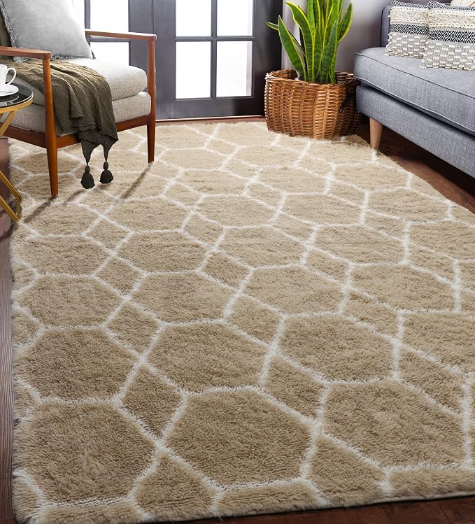 Area Rugs for Bedroom Living Room, 4x6 Fluffy Beige and White Throw Rug - Image 7