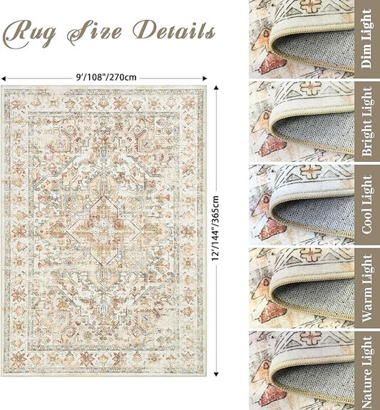 zesthome 9x12 Area Rugs-Washable Rug for Living Room, Non-Slip Backing Rugs, Stain Resistant Rug for Bedroom, Ultra-Thin Low Pile Rugs, Vintage Large Home Decor