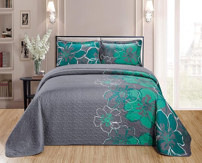Home Collection Quilt Bedspread Set Over Size Flowers Printed Grey Turquoise by Unknown