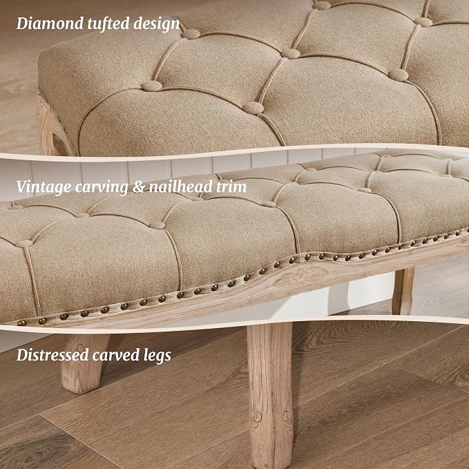 Bedroom Bench, French Vintage Tufted Entryway Bench, 45.2" Carving Upholstered - Image 4