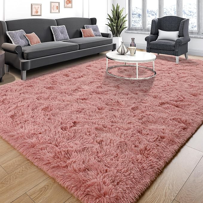 Blush Pink Area Rugs for Living Room Girls Bedroom, 5x8 Fluffy Shaggy Dusty by Tepook