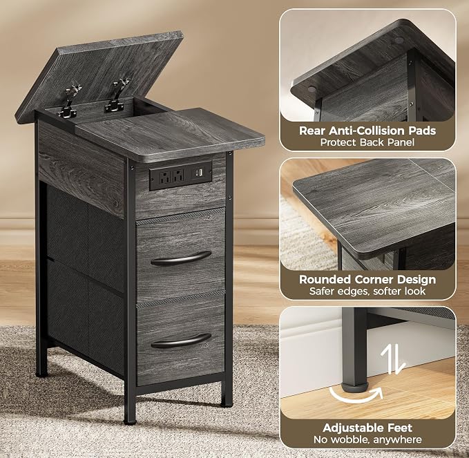 Huuger Narrow End Table with Charging Station, Side Table with 2 Drawers | Slim - Image 9