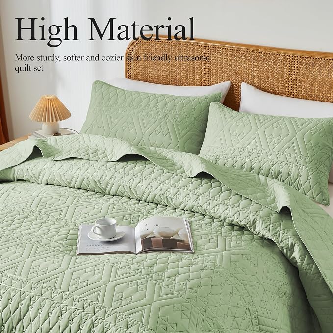 akkialla King/Cal King Size Quilt Bedding Set, Sage Green Lightweight - Image 3